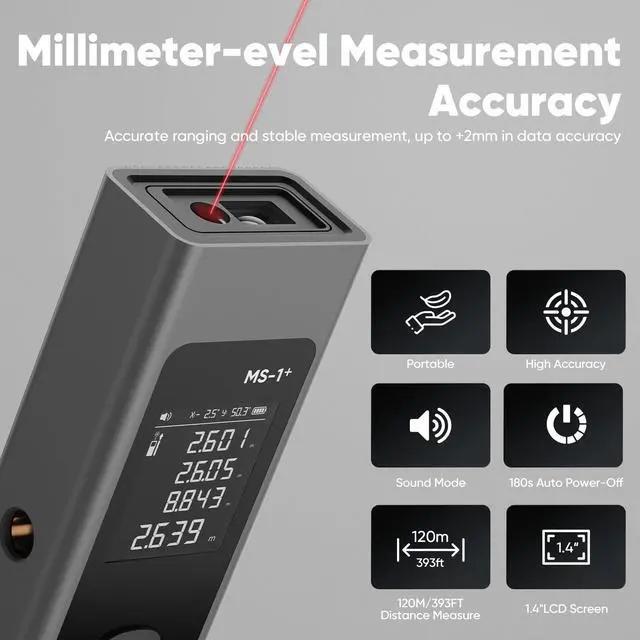 Alt view image 2 of 7 - 2-in-1 Laser Measure & Line Laser 393 FT - Distance Meter with Cross-Line, Laser Level with 3 Lasers Heads, Type-C Rechargeable- Area/Volume/Pythagorean for Construction, Tiling, 1.4" Black LCD
