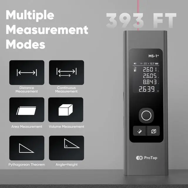 Alt view image 3 of 7 - 2-in-1 Laser Measure & Line Laser 393 FT - Distance Meter with Cross-Line, Laser Level with 3 Lasers Heads, Type-C Rechargeable- Area/Volume/Pythagorean for Construction, Tiling, 1.4" Black LCD