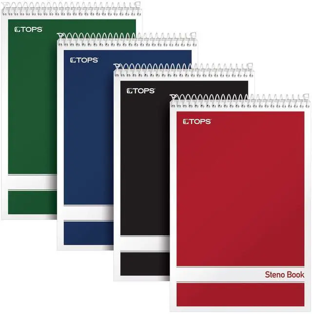 Main image of Steno Pads 4 Pack, 6" x 9" Spiral Steno Notebooks, Gregg Rule for lists, 80 Sheets Each, White Paper, Assorted Covers, Take Notes for School, College, Work, Office (80220)