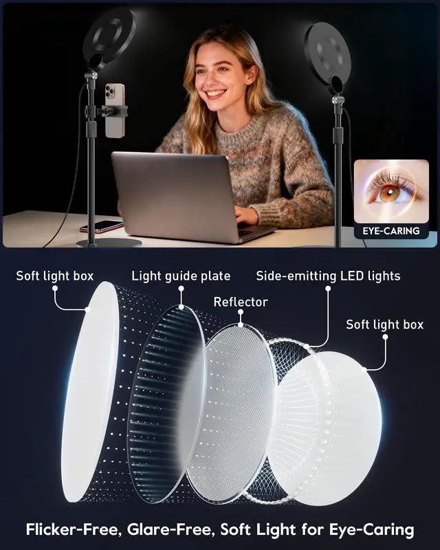 Alt view image 6 of 7 - 2 Packs Desk Ring Light with Stand for Conference, Adjustable Desktop Light with Phone Holder for Video Calls, Zoom Lighting for Computer/Laptop, Video Light for Recording, Podcast,Photography