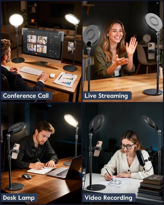 Alt view image 5 of 7 - 2 Packs Desk Ring Light with Stand for Conference, Adjustable Desktop Light with Phone Holder for Video Calls, Zoom Lighting for Computer/Laptop, Video Light for Recording, Podcast,Photography