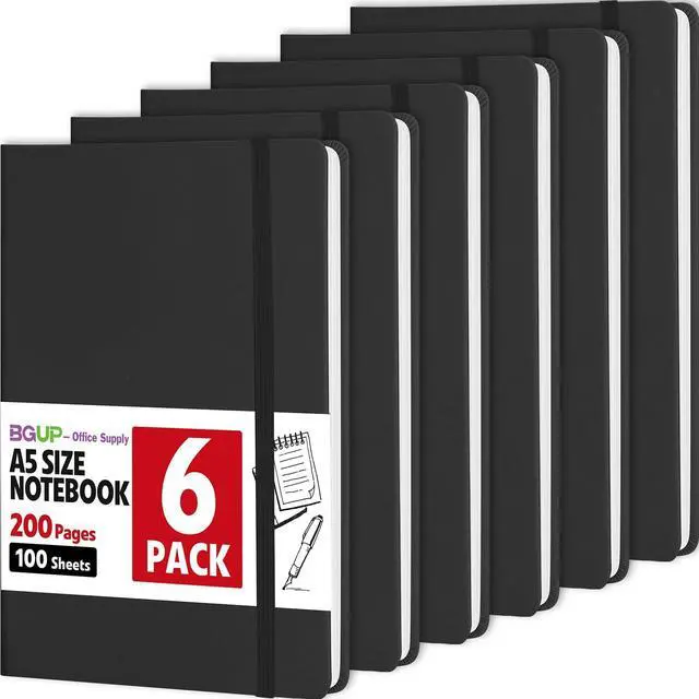Main image of 6 Pack Lined Journal Notebook for Work, 200 Pages, Medium 5.5 in x 8.3 in, A5 College Ruled, Hardcover Journaling Notebooks for Writing, Note Taking, Fit for Business Work School Home (Black)