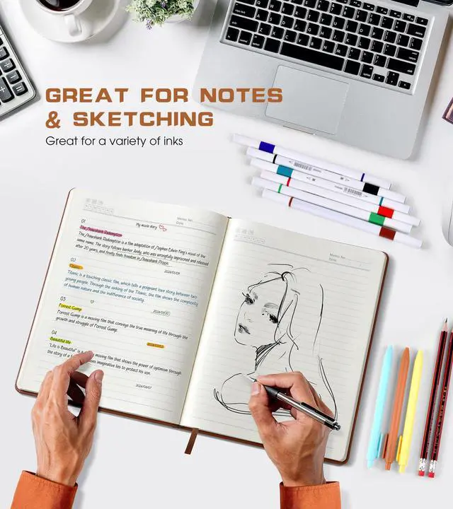 Alt view image 5 of 7 - Leather Journal Notebook, 256 Thick Lined Pages, Hardcover 8.6"×11"