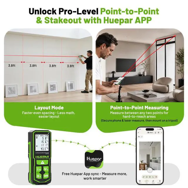 Alt view image 3 of 7 - 395FT Bluetooth Laser Measuring Tool with Angle Sensor, Fathers Day Dad Gifts, Huepar 1/16in Accuracy Laser Distance Measurement Tool, M/in/Ft, Digital Laser Room Measuring Device, Distance Meters