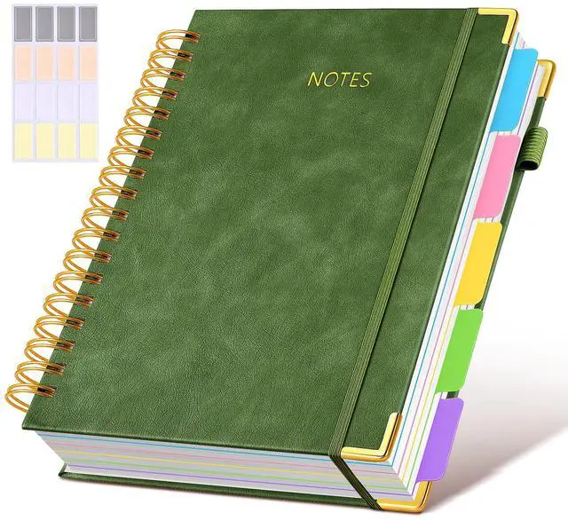 Main image of Hardcover Spiral Notebook journal with Removable Dividers Tabs, 300 Pages Leather 5 Subject Notebook College Ruled, 8"x10" Large B5 Notebooks for Work School Note taking, Lined Journal for Women,Green