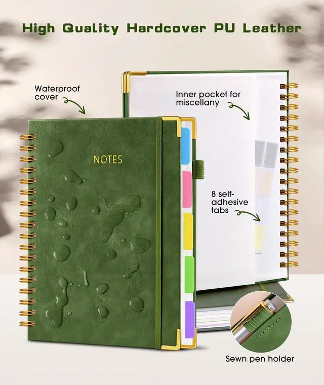 Alt view image 2 of 7 - Hardcover Spiral Notebook journal with Removable Dividers Tabs, 300 Pages Leather 5 Subject Notebook College Ruled, 8"x10" Large B5 Notebooks for Work School Note taking, Lined Journal for Women,Green