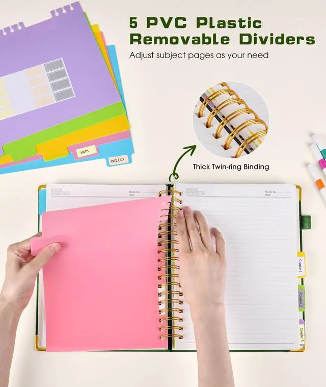 Alt view image 4 of 7 - Hardcover Spiral Notebook journal with Removable Dividers Tabs, 300 Pages Leather 5 Subject Notebook College Ruled, 8"x10" Large B5 Notebooks for Work School Note taking, Lined Journal for Women,Green