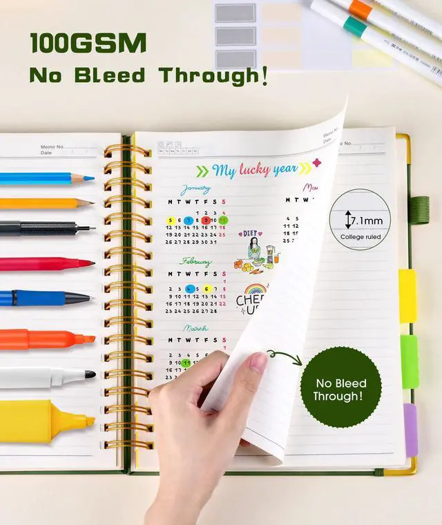 Alt view image 5 of 7 - Hardcover Spiral Notebook journal with Removable Dividers Tabs, 300 Pages Leather 5 Subject Notebook College Ruled, 8"x10" Large B5 Notebooks for Work School Note taking, Lined Journal for Women,Green