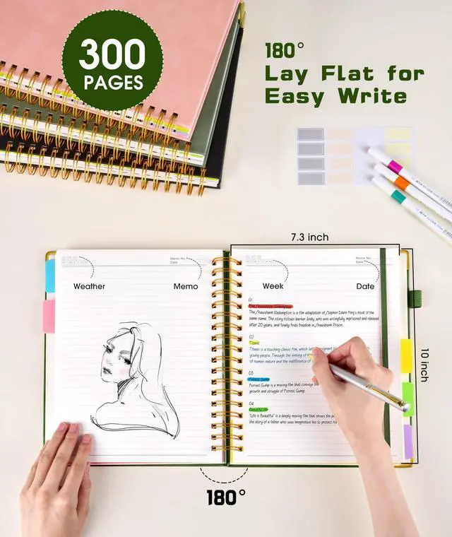 Alt view image 6 of 7 - Hardcover Spiral Notebook journal with Removable Dividers Tabs, 300 Pages Leather 5 Subject Notebook College Ruled, 8"x10" Large B5 Notebooks for Work School Note taking, Lined Journal for Women,Green
