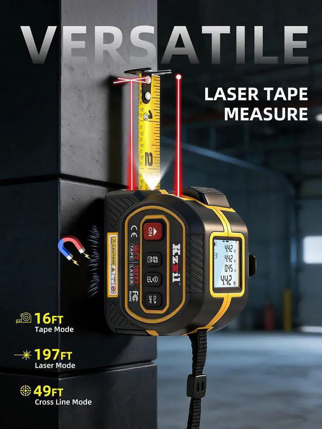 Alt view image 2 of 7 - 4-in-1 Tape Measure 196ft Laser Tape Measure 16ft Manual Tape with Fractional Readouts, Laser Measuring Tool with Backlit LCD, Magnetic Hook & Base - Area/Volume, for Woodworking & DIY