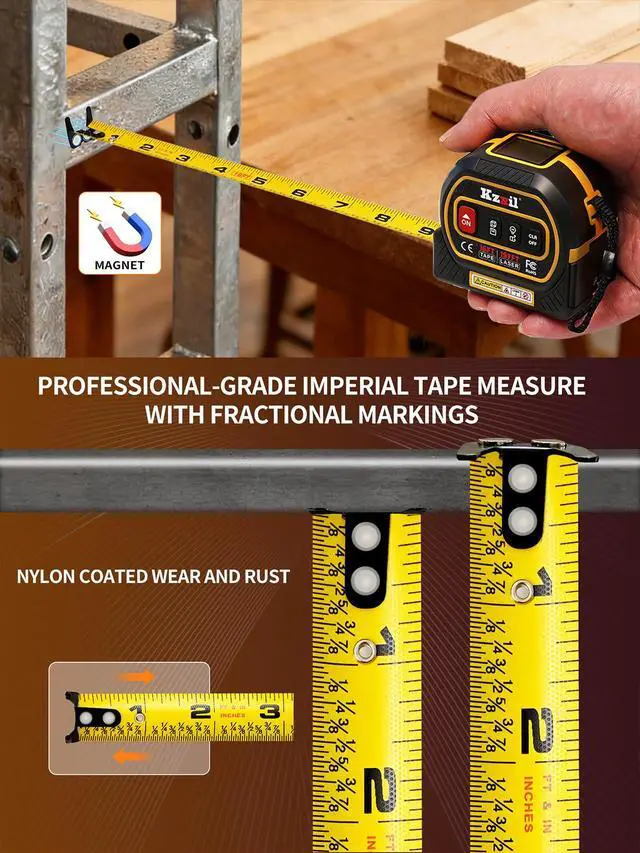 Alt view image 5 of 7 - 4-in-1 Tape Measure 196ft Laser Tape Measure 16ft Manual Tape with Fractional Readouts, Laser Measuring Tool with Backlit LCD, Magnetic Hook & Base - Area/Volume, for Woodworking & DIY