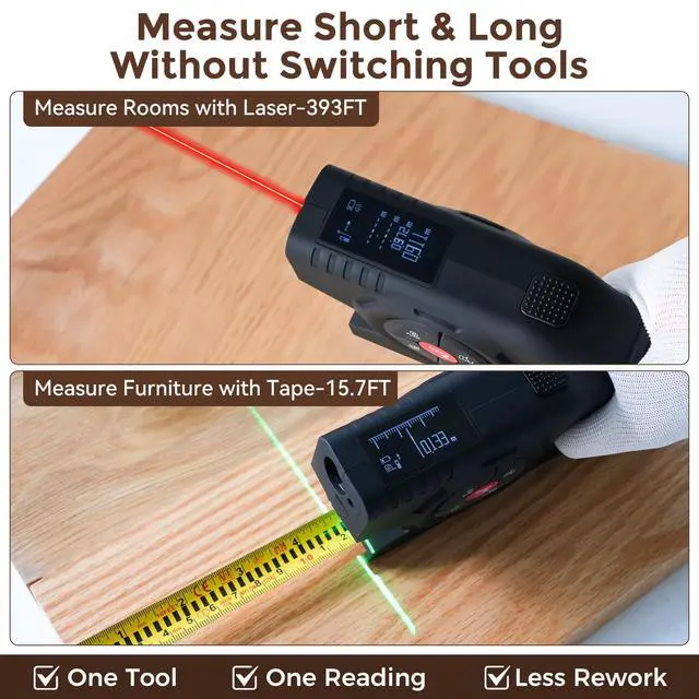 Alt view image 2 of 7 - 393Ft Digital Tape Measure with Laser - 3-in-1 Recharge Electronic Laser Measuring Tape with Tape Measure 16Ft OLED Display M/in/Ft Unit Switch Area/Volume/Pythagorean,Class II Laser
