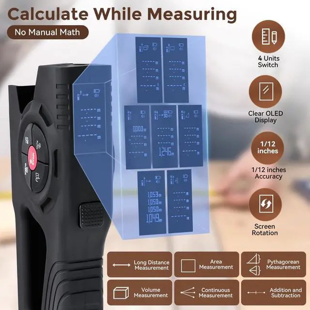 Alt view image 4 of 7 - 393Ft Digital Tape Measure with Laser - 3-in-1 Recharge Electronic Laser Measuring Tape with Tape Measure 16Ft OLED Display M/in/Ft Unit Switch Area/Volume/Pythagorean,Class II Laser