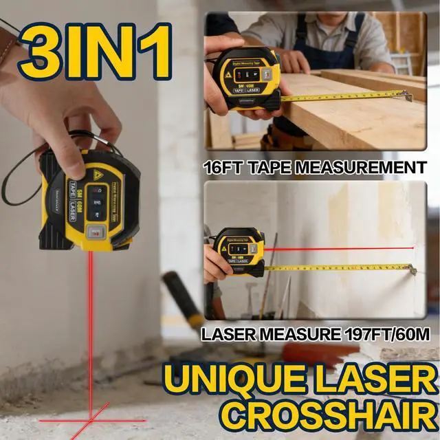 Alt view image 3 of 6 - 2026The Ruler 3-in-1 Measuring Tape, Tools Tape Measure, 3-in-1 Rangefinder with Led Display, 3 in 1 Digital Tape Measure with Cross Line, AutoLock, Measure Area, Volume, Pythagorean