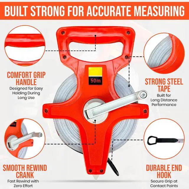 Alt view image 3 of 7 - 55 Yard / 165 Foot Long Open Reel Tape Measure, Orange, SAE & Metric Scales, Durable for Construction Measuring Tape