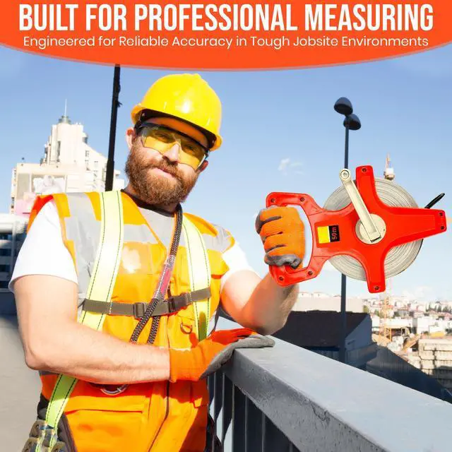 Alt view image 7 of 7 - 55 Yard / 165 Foot Long Open Reel Tape Measure, Orange, SAE & Metric Scales, Durable for Construction Measuring Tape