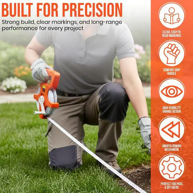 Alt view image 2 of 7 - 55 Yard / 165 Foot Long Open Reel Tape Measure, Orange, SAE & Metric Scales, Durable for Construction Measuring Tape