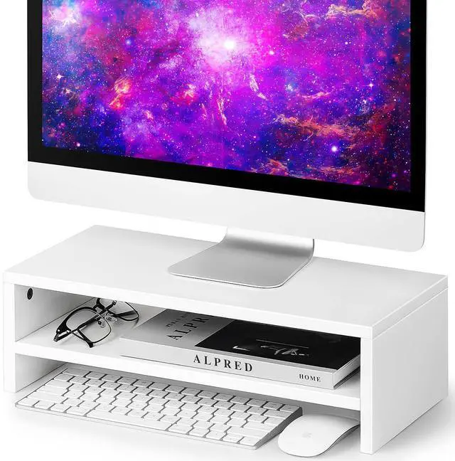 Main image of White Monitor Stand Riser for Desk,2 Tiers Wood Desk Shelf Computer Screen Stand with Storage for Desktop Laptop/Screen/TV/PC/Printer,Multifunctional Desktop Organizer 16.5 x 7.8 x 5.2 inch