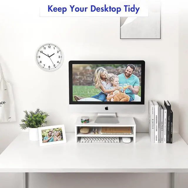 Alt view image 4 of 7 - White Monitor Stand Riser for Desk,2 Tiers Wood Desk Shelf Computer Screen Stand with Storage for Desktop Laptop/Screen/TV/PC/Printer,Multifunctional Desktop Organizer 16.5 x 7.8 x 5.2 inch