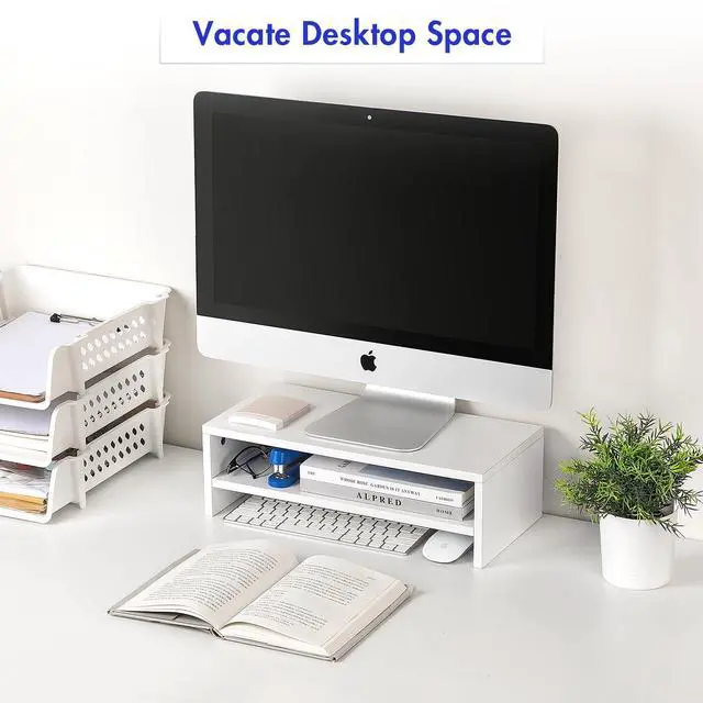 Alt view image 5 of 7 - White Monitor Stand Riser for Desk,2 Tiers Wood Desk Shelf Computer Screen Stand with Storage for Desktop Laptop/Screen/TV/PC/Printer,Multifunctional Desktop Organizer 16.5 x 7.8 x 5.2 inch