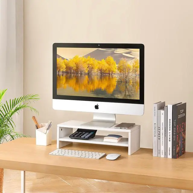 Alt view image 6 of 7 - White Monitor Stand Riser for Desk,2 Tiers Wood Desk Shelf Computer Screen Stand with Storage for Desktop Laptop/Screen/TV/PC/Printer,Multifunctional Desktop Organizer 16.5 x 7.8 x 5.2 inch