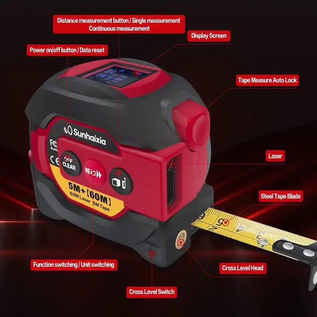 Alt view image 2 of 7 - Laser Tape Measure 3 in 1 with Laser Level Crosshairs |196ft/60m Laser Distance+16ft/5m AutoLock Tape |Backlit LCD Display (Ft/Inch/M/mm) |for DIY,Construction, Interior Design (Red)