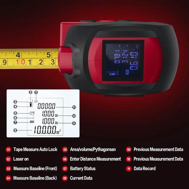 Alt view image 3 of 7 - Laser Tape Measure 3 in 1 with Laser Level Crosshairs |196ft/60m Laser Distance+16ft/5m AutoLock Tape |Backlit LCD Display (Ft/Inch/M/mm) |for DIY,Construction, Interior Design (Red)