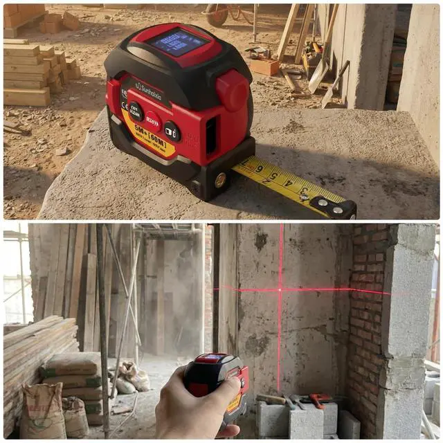 Alt view image 7 of 7 - Laser Tape Measure 3 in 1 with Laser Level Crosshairs |196ft/60m Laser Distance+16ft/5m AutoLock Tape |Backlit LCD Display (Ft/Inch/M/mm) |for DIY,Construction, Interior Design (Red)