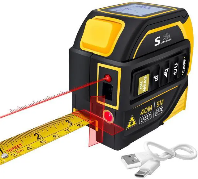 Main image of 4-in-1 Laser Tape Measure with Laser Level Crosshairs |130ft/40m Laser Distance+16ft/5m AutoLock Tape |Backlit LCD Display (Ft/Inch/M/mm) |for DIY,Construction, Interior Design (Yellow/131Ft)