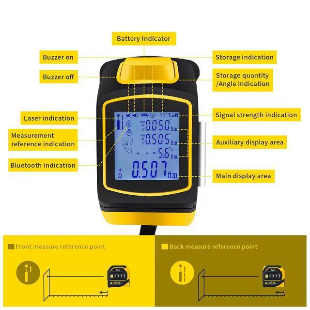 Alt view image 3 of 7 - 4-in-1 Laser Tape Measure with Laser Level Crosshairs |130ft/40m Laser Distance+16ft/5m AutoLock Tape |Backlit LCD Display (Ft/Inch/M/mm) |for DIY,Construction, Interior Design (Yellow/131Ft)
