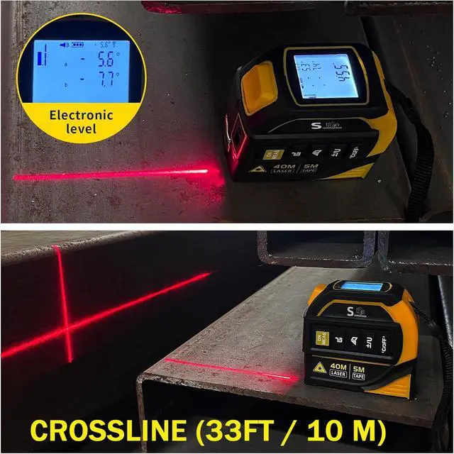 Alt view image 4 of 7 - 4-in-1 Laser Tape Measure with Laser Level Crosshairs |130ft/40m Laser Distance+16ft/5m AutoLock Tape |Backlit LCD Display (Ft/Inch/M/mm) |for DIY,Construction, Interior Design (Yellow/131Ft)