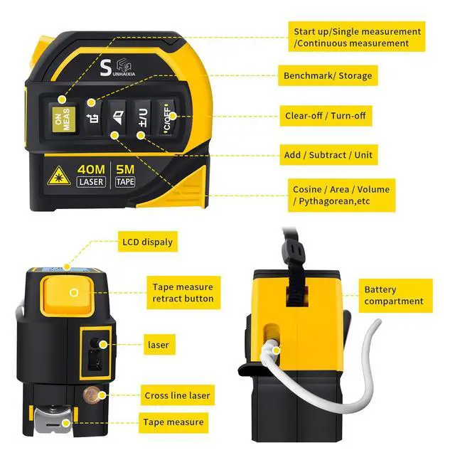 Alt view image 2 of 7 - 4-in-1 Laser Tape Measure with Laser Level Crosshairs |130ft/40m Laser Distance+16ft/5m AutoLock Tape |Backlit LCD Display (Ft/Inch/M/mm) |for DIY,Construction, Interior Design (Yellow/131Ft)