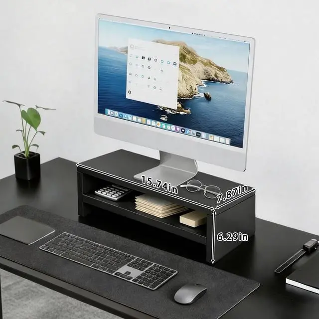 Alt view image 2 of 7 - Wooden Monitor Stand Riser, 2-Tier Desk Shelf with Storage Organizer, Ergonomic Computer Stand, Storage Organizer for Laptop, Computer, Black, 15.7 Inch