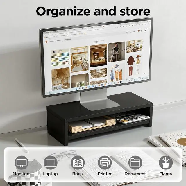 Alt view image 3 of 7 - Wooden Monitor Stand Riser, 2-Tier Desk Shelf with Storage Organizer, Ergonomic Computer Stand, Storage Organizer for Laptop, Computer, Black, 15.7 Inch