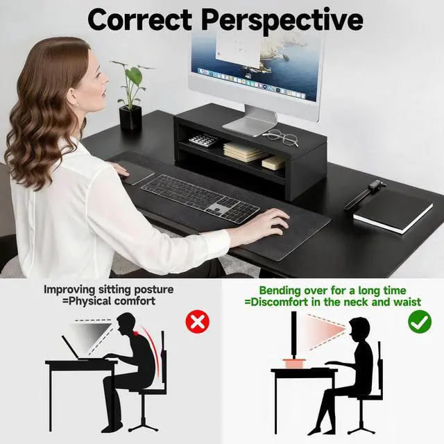 Alt view image 4 of 7 - Wooden Monitor Stand Riser, 2-Tier Desk Shelf with Storage Organizer, Ergonomic Computer Stand, Storage Organizer for Laptop, Computer, Black, 15.7 Inch