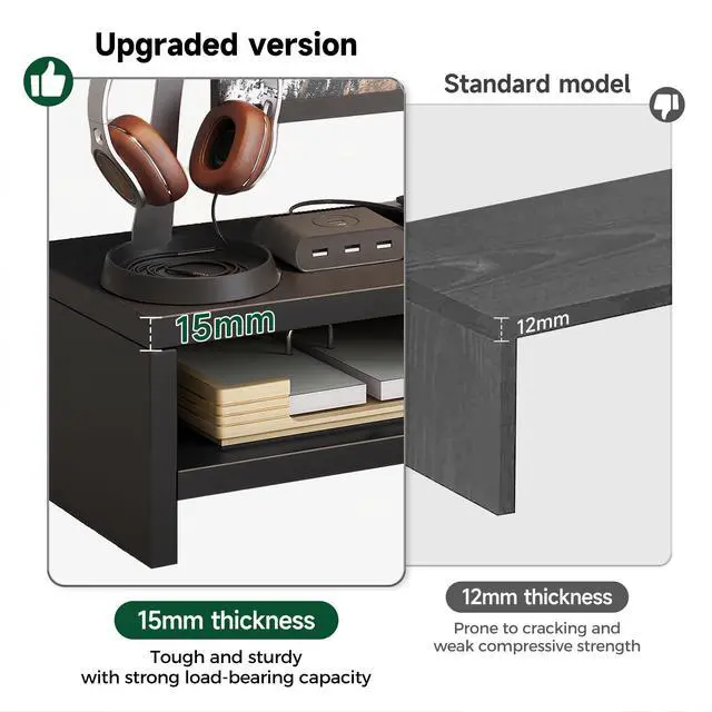Alt view image 5 of 7 - Wooden Monitor Stand Riser, 2-Tier Desk Shelf with Storage Organizer, Ergonomic Computer Stand, Storage Organizer for Laptop, Computer, Black, 15.7 Inch