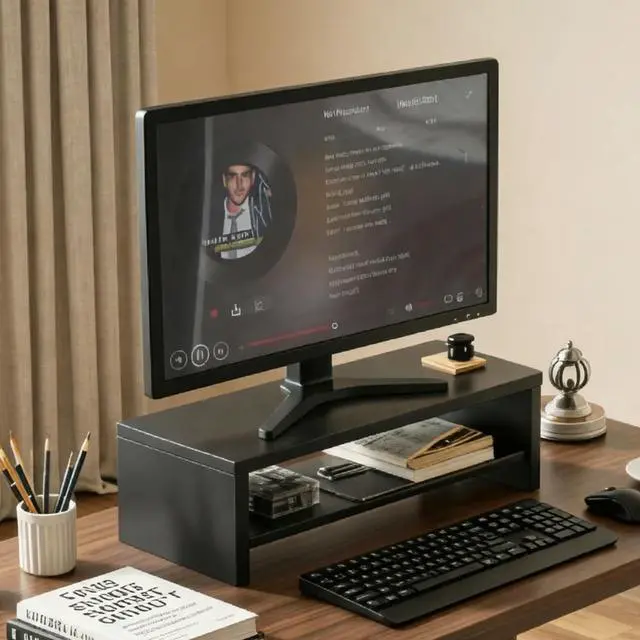 Alt view image 6 of 7 - Wooden Monitor Stand Riser, 2-Tier Desk Shelf with Storage Organizer, Ergonomic Computer Stand, Storage Organizer for Laptop, Computer, Black, 15.7 Inch