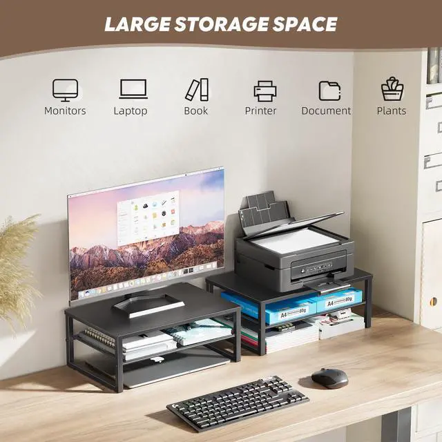 Alt view image 4 of 7 - 2-Tier Computer Monitor Stand Riser, Desk Organizer for Monitor, Black
