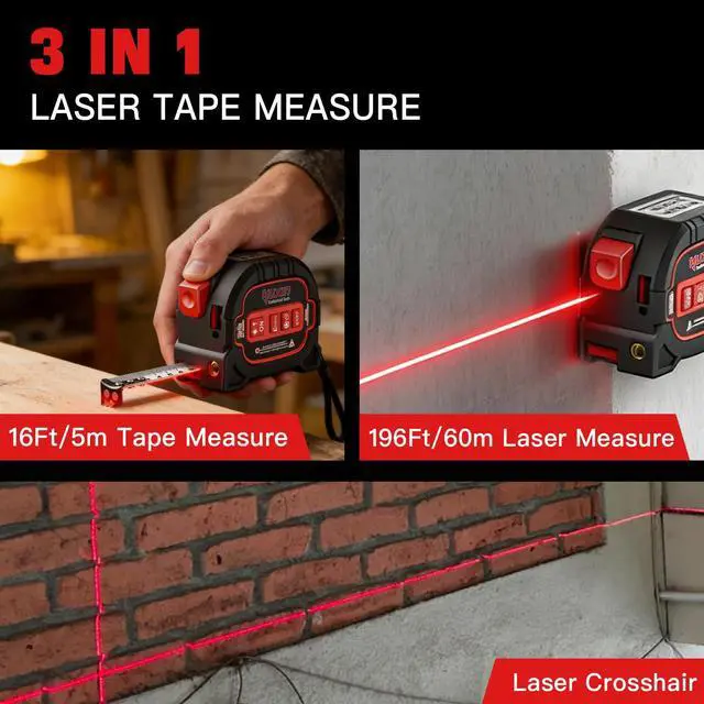 Alt view image 2 of 7 - 3-in-1 Laser Tape Measure - 196ft Max Laser Distance Meter & 16ft AutoLock Measuring Tape, ±1/16" Professional Precision, Type-C Rechargeable, Magnetic Hook, 6 Mode for Construction