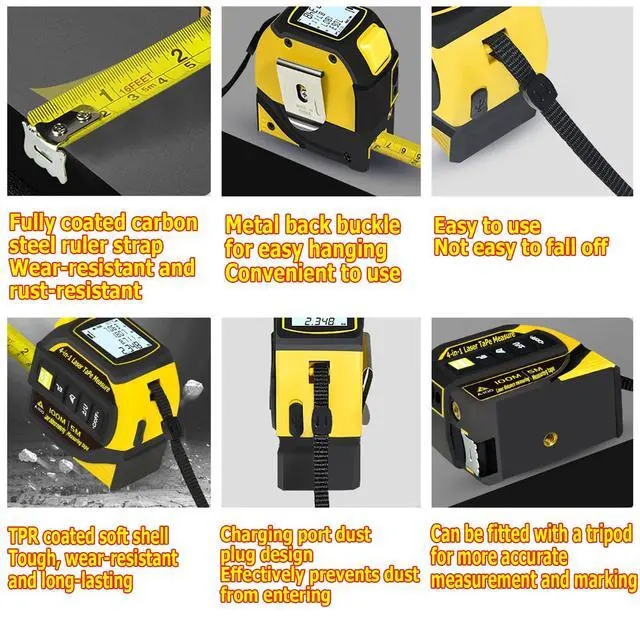 Alt view image 6 of 7 - tape measure 4-in-1 laser Digital Measuring Tape & 60m/197ft Laser Distance Meter & with 16ft/5m & Crosshair markings & Dual-axis electronic level,Display On Backlit LCD Screen