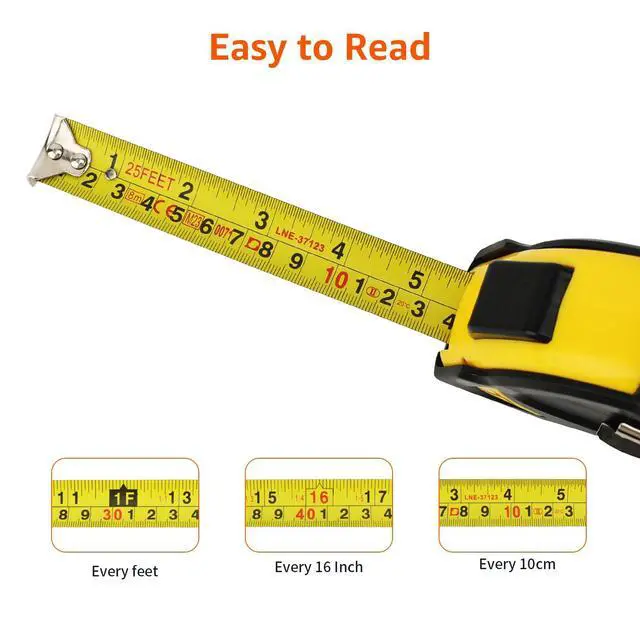 Alt view image 2 of 5 - Self-Locking Tape Measure, 25ft (8-meters), Accurate Dual Scale inch/metric, MID Accuracy, Extendable, 2-Pack, Yellow