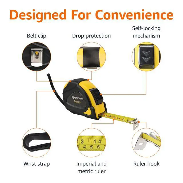 Alt view image 4 of 5 - Self-Locking Tape Measure, 25ft (8-meters), Accurate Dual Scale inch/metric, MID Accuracy, Extendable, 2-Pack, Yellow