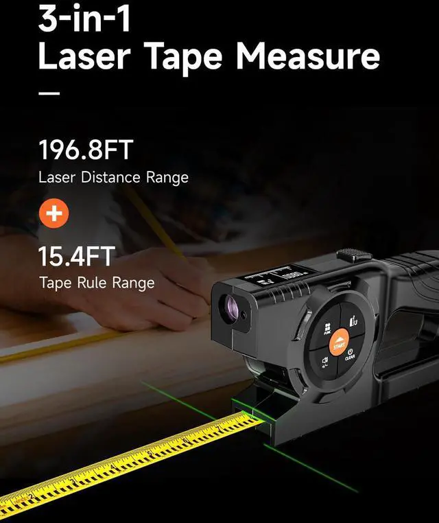 Alt view image 6 of 7 - 3-in-1 Digital Tape Measure, 196Ft Laser Measurement Tool & Auto Lock Tape with Instant Digital Readout and Green Laser Extension, Measuring List with Memory