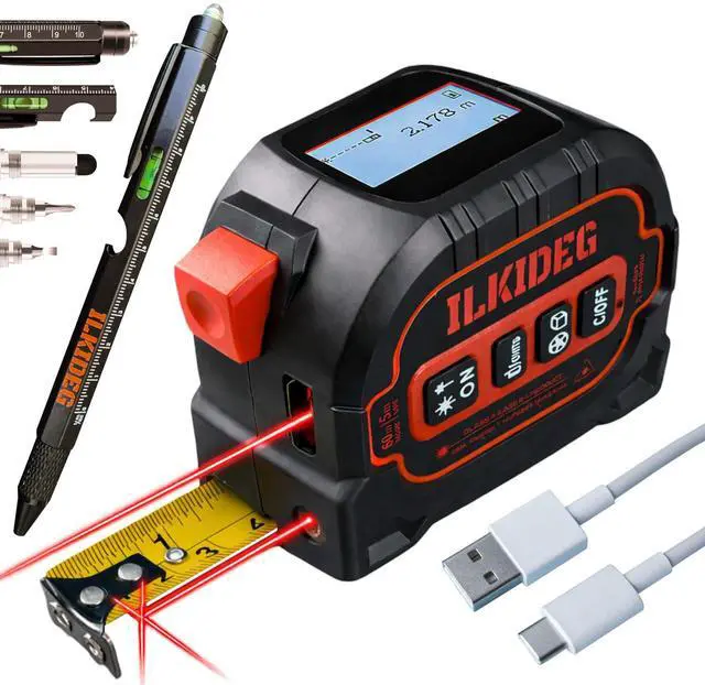 Main image of 4-in-1 Digital Laser Tape Measure - Multitool Pen, 196ft Laser Measuring Tool, 16ft Measuring Tape, Crosshair Line Laser Level, Area/Volume/Pythagorean, Woodworking Tools, DIY, Ft/Ft+in/in/M Unit, edc