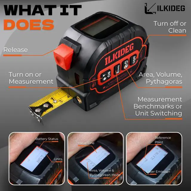 Alt view image 3 of 7 - 4-in-1 Digital Laser Tape Measure - Multitool Pen, 196ft Laser Measuring Tool, 16ft Measuring Tape, Crosshair Line Laser Level, Area/Volume/Pythagorean, Woodworking Tools, DIY, Ft/Ft+in/in/M Unit, edc