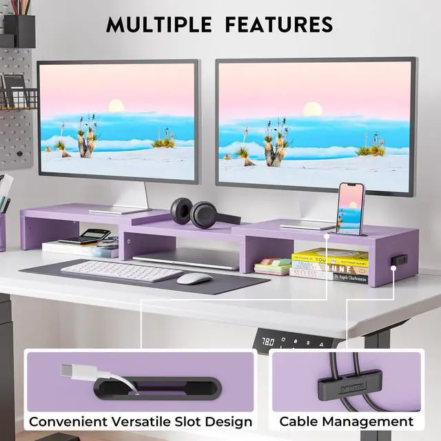 Alt view image 2 of 7 - Dual Monitor Stand Riser with Smartphone Holder, Adjustable Length & Swivel Angle, Ergonomic Wooden Desktop Organizer for PC Monitor, Laptop, Printer, Large Storage, Purple