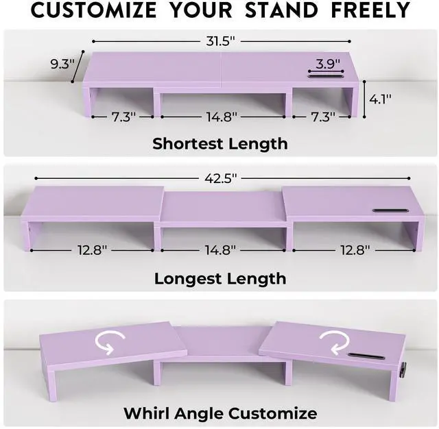 Alt view image 3 of 7 - Dual Monitor Stand Riser with Smartphone Holder, Adjustable Length & Swivel Angle, Ergonomic Wooden Desktop Organizer for PC Monitor, Laptop, Printer, Large Storage, Purple