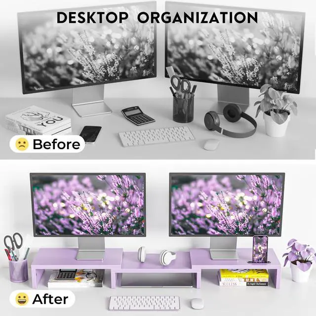 Alt view image 4 of 7 - Dual Monitor Stand Riser with Smartphone Holder, Adjustable Length & Swivel Angle, Ergonomic Wooden Desktop Organizer for PC Monitor, Laptop, Printer, Large Storage, Purple