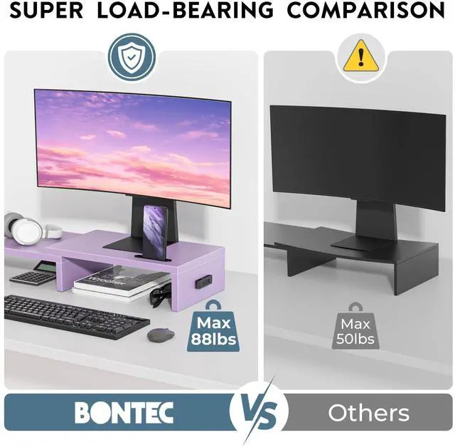 Alt view image 6 of 7 - Dual Monitor Stand Riser with Smartphone Holder, Adjustable Length & Swivel Angle, Ergonomic Wooden Desktop Organizer for PC Monitor, Laptop, Printer, Large Storage, Purple