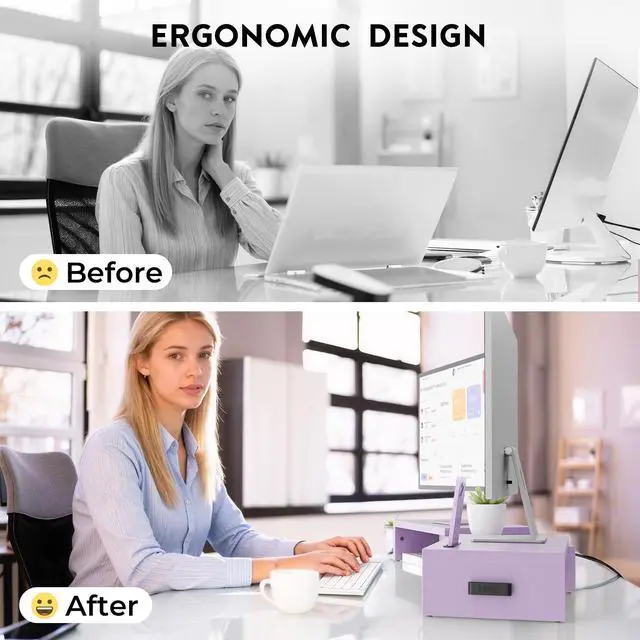 Alt view image 5 of 7 - Dual Monitor Stand Riser with Smartphone Holder, Adjustable Length & Swivel Angle, Ergonomic Wooden Desktop Organizer for PC Monitor, Laptop, Printer, Large Storage, Purple
